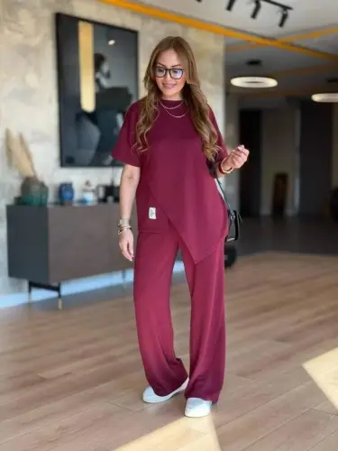 Women's Short Sleeve Crew Neck Asymmetric Viscose Two Thread Blouse And Pants Set - 8