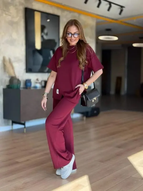 Women's Short Sleeve Crew Neck Asymmetric Viscose Two Thread Blouse And Pants Set - 9