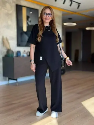 Women's Short Sleeve Crew Neck Asymmetric Viscose Two Thread Blouse and Pants Set - BÜYÜKBEDENIZ (1)