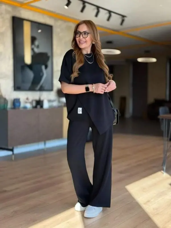 Women's Short Sleeve Crew Neck Asymmetric Viscose Two Thread Blouse and Pants Set - 3