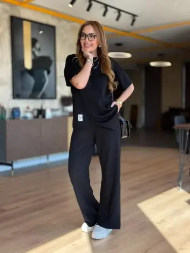 Women's Short Sleeve Crew Neck Asymmetric Viscose Two Thread Blouse and Pants Set - 4