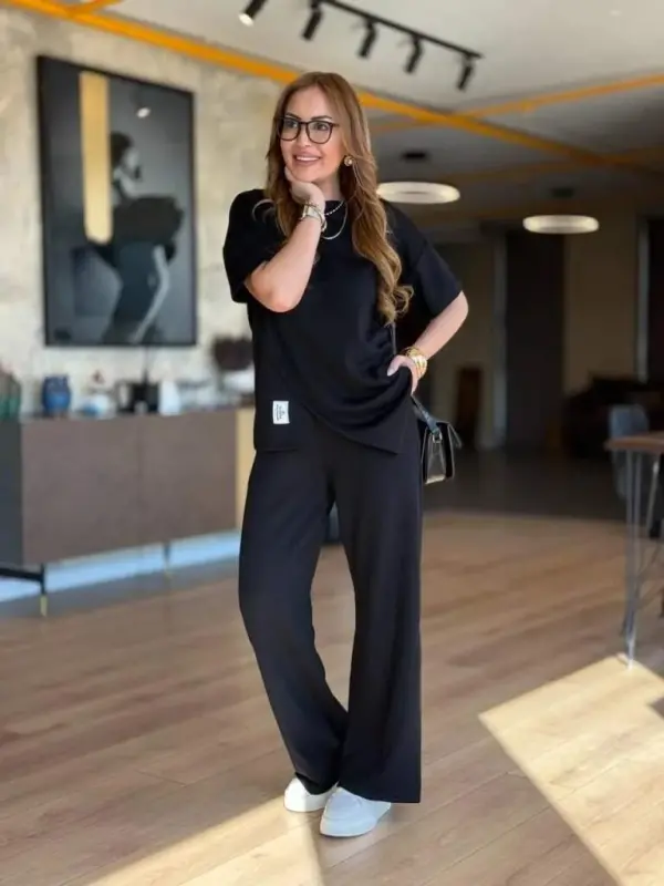 Women's Short Sleeve Crew Neck Asymmetric Viscose Two Thread Blouse and Pants Set - 4