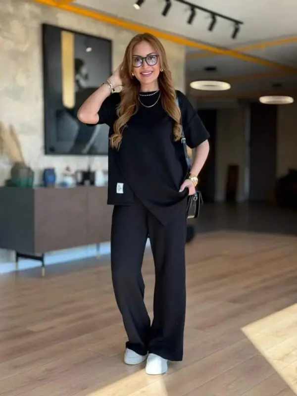 Women's Short Sleeve Crew Neck Asymmetric Viscose Two Thread Blouse and Pants Set - 5