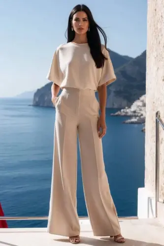 Women's Short Sleeve Crew Neck Blouse High Waist Pocket Detailed Trousers Atlas Two Piece Set - 1