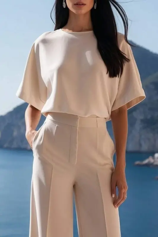 Women's Short Sleeve Crew Neck Blouse High Waist Pocket Detailed Trousers Atlas Two Piece Set - 2