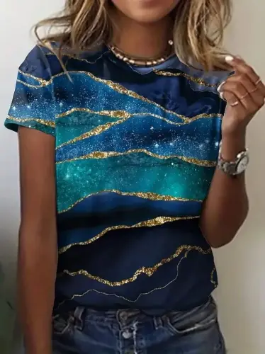 Women's Short Sleeve Crew Neck Blue Glitter Printed Sandy Blouse - 1