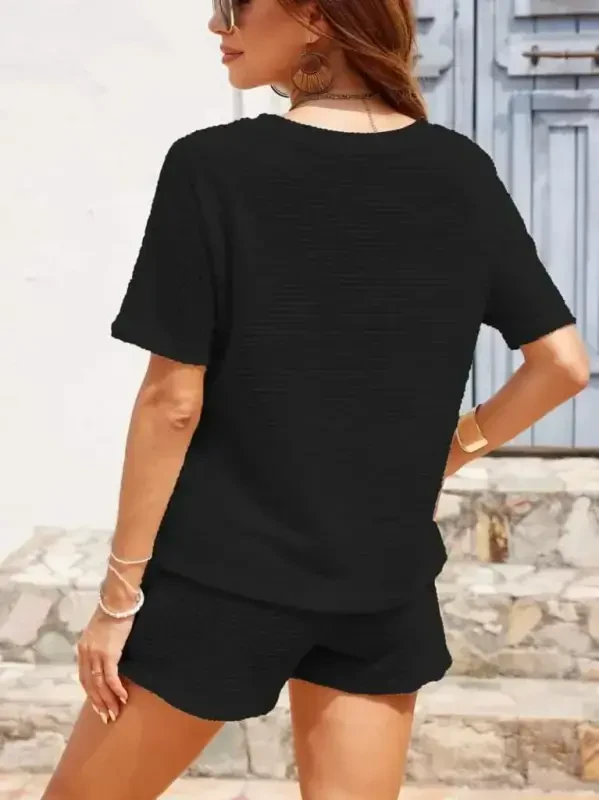 Women's Short Sleeve Crew Neck Bottom and Top Waffle Knit Set - 4