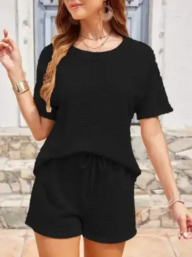 Women's Short Sleeve Crew Neck Bottom and Top Waffle Knit Set - 5