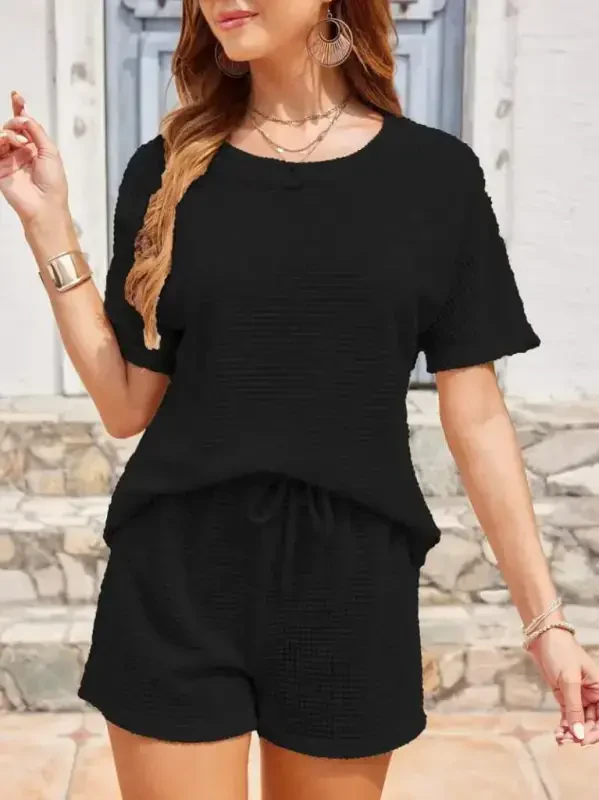 Women's Short Sleeve Crew Neck Bottom and Top Waffle Knit Set - 5