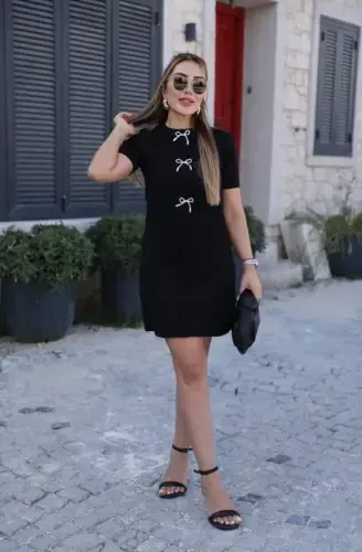 Women's Short Sleeve Crew Neck Bow Detailed Imported Crepe Dress - 3