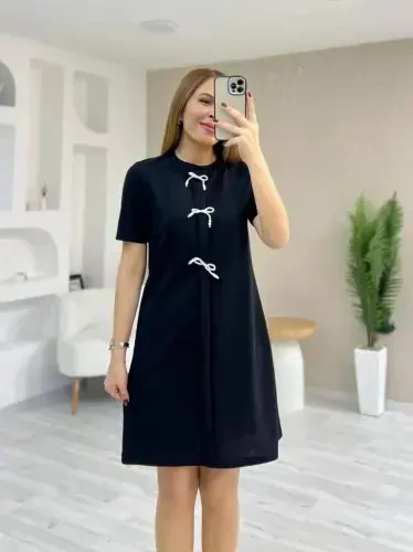 Women's Short Sleeve Crew Neck Bow Detailed Imported Crepe Dress - 4