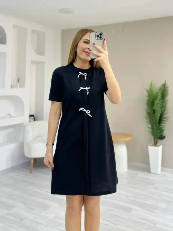 Women's Short Sleeve Crew Neck Bow Detailed Imported Crepe Dress - 4