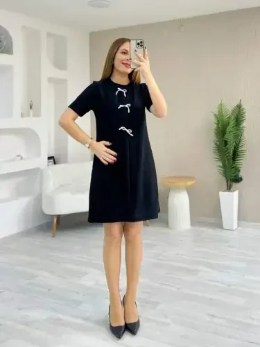 Women's Short Sleeve Crew Neck Bow Detailed Imported Crepe Dress - 5