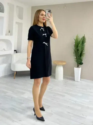 Women's Short Sleeve Crew Neck Bow Detailed Imported Crepe Dress - 6