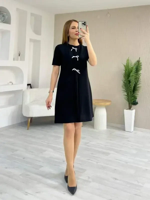 Women's Short Sleeve Crew Neck Bow Detailed Imported Crepe Dress - 7