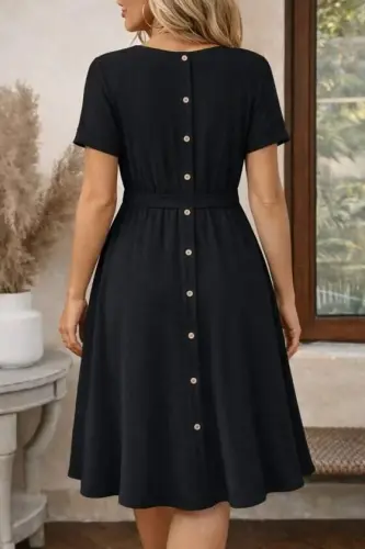 Women's Short Sleeve Crew Neck Button-Back Viscose Midi Dress - 1