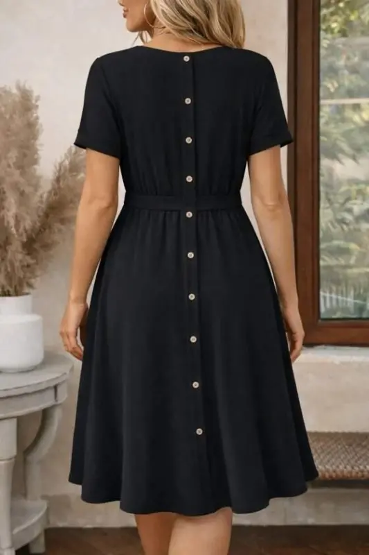 Women's Short Sleeve Crew Neck Button-Back Viscose Midi Dress - BÜYÜKBEDENIZ