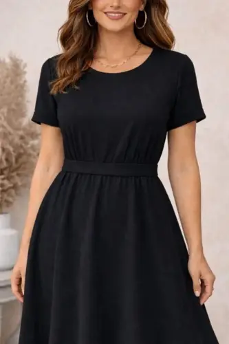Women's Short Sleeve Crew Neck Button-Back Viscose Midi Dress - 3