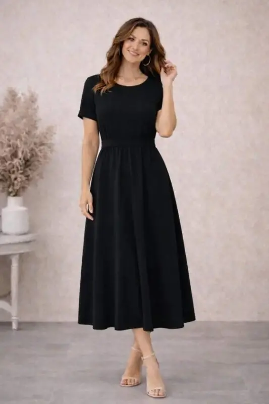 Women's Short Sleeve Crew Neck Button-Back Viscose Midi Dress - 5