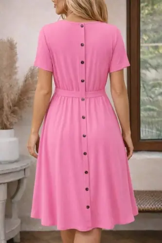 Women's Short Sleeve Crew Neck Button-Back Viscose Midi Dress - 1