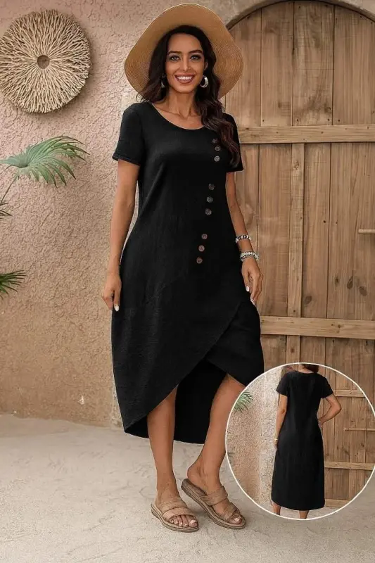 Women's Short Sleeve Crew Neck Button Detail Muslim Dress - 2
