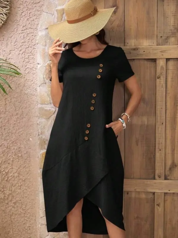 Women's Short Sleeve Crew Neck Button Detail Muslim Dress - 3