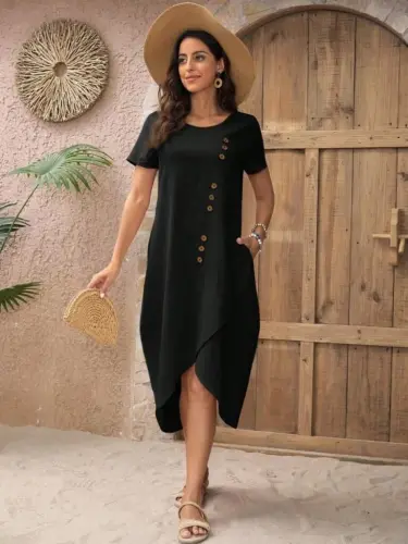 Women's Short Sleeve Crew Neck Button Detail Muslim Dress - 5