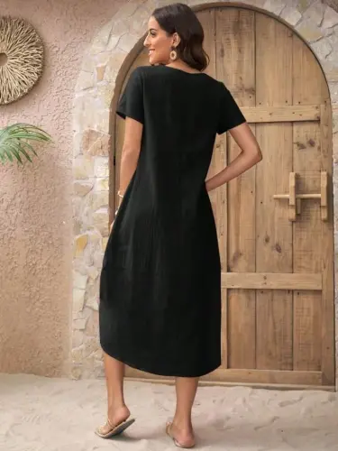 Women's Short Sleeve Crew Neck Button Detail Muslim Dress - 6