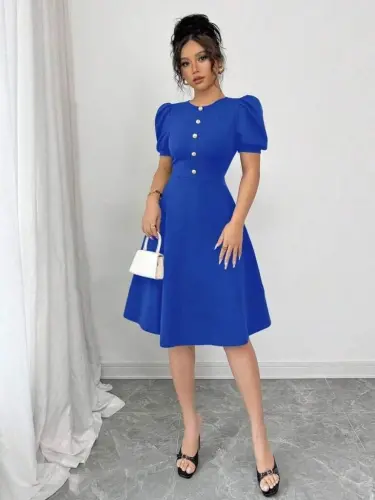 Women's Short Sleeve Crew Neck Button-Front Imported Crepe Dress - 4