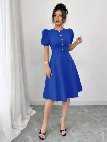 Women's Short Sleeve Crew Neck Button-Front Imported Crepe Dress - 5