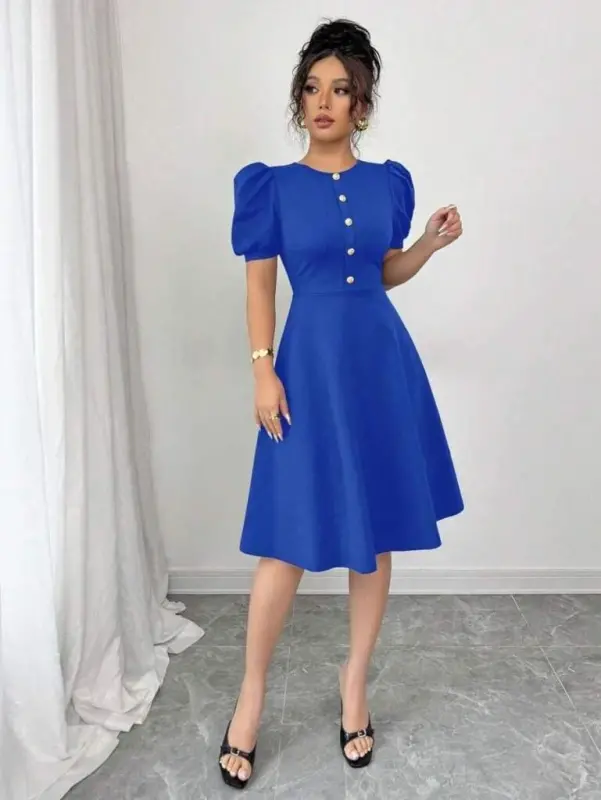 Women's Short Sleeve Crew Neck Button-Front Imported Crepe Dress - 5
