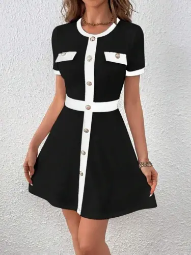 Women's Short Sleeve Crew Neck Button-front Modal Dress - 1