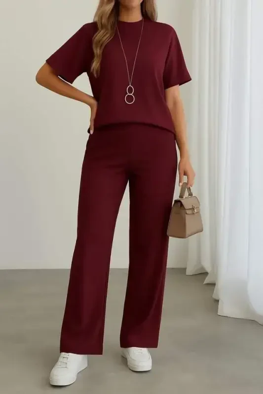 Women's Short Sleeve Crew Neck Buttoned Viscose Two Thread Short Blouse and Pants Set - 1