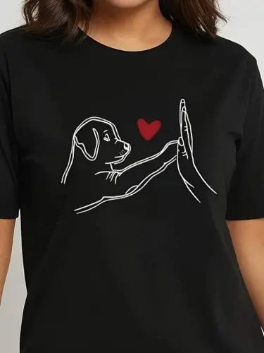 Women's Short Sleeve Crew Neck Dog Print Viscose Blouse - 3