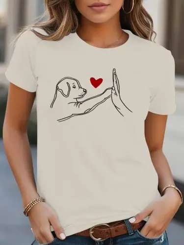 Women's Short Sleeve Crew Neck Dog Print Viscose Blouse - 1