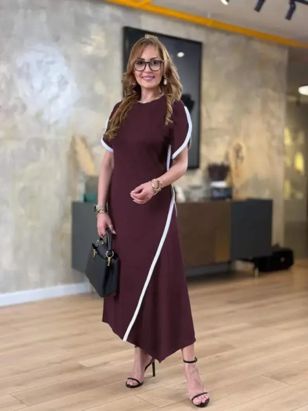 Women's Short Sleeve Crew Neck Double Striped Color Detailed Asymmetric Cut Viscose Two Thread Dress - BÜYÜKBEDENIZ