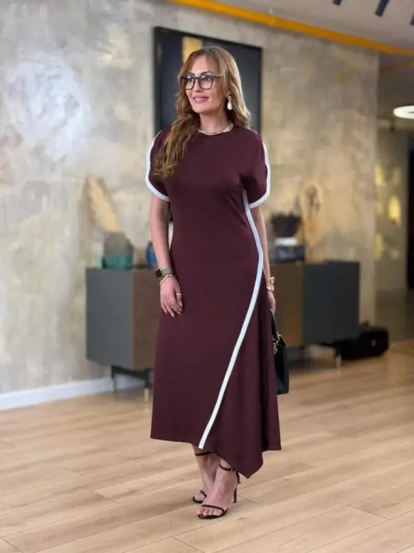 Women's Short Sleeve Crew Neck Double Striped Color Detailed Asymmetric Cut Viscose Two Thread Dress - 2