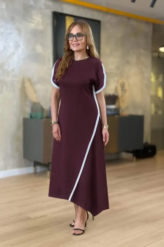 Women's Short Sleeve Crew Neck Double Striped Color Detailed Asymmetric Cut Viscose Two Thread Dress - 3