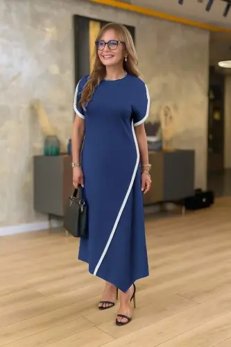 Women's Short Sleeve Crew Neck Double Striped Color Detailed Asymmetric Cut Viscose Two Thread Dress - BÜYÜKBEDENIZ (1)