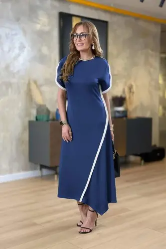 Women's Short Sleeve Crew Neck Double Striped Color Detailed Asymmetric Cut Viscose Two Thread Dress - 3