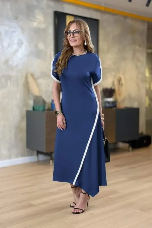 Women's Short Sleeve Crew Neck Double Striped Color Detailed Asymmetric Cut Viscose Two Thread Dress - 3