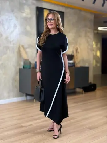 Women's Short Sleeve Crew Neck Double Striped Color Detailed Asymmetrical Cut Viscose Two Thread Dress - BÜYÜKBEDENIZ (1)