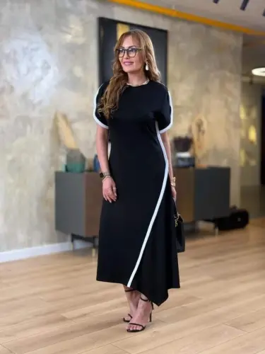 Women's Short Sleeve Crew Neck Double Striped Color Detailed Asymmetrical Cut Viscose Two Thread Dress - 3