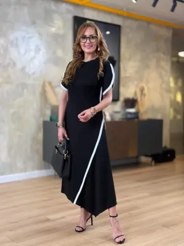 Women's Short Sleeve Crew Neck Double Striped Color Detailed Asymmetrical Cut Viscose Two Thread Dress - 6