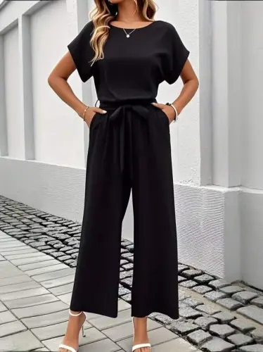Women's Short Sleeve Crew Neck Elastic Waist Pocket Aerobin Jumpsuit - 1