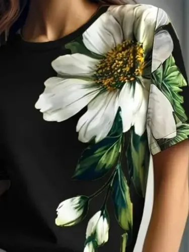 Women's Short Sleeve Crew Neck Floral Print Jersey Blouse - BÜYÜKBEDENIZ (1)