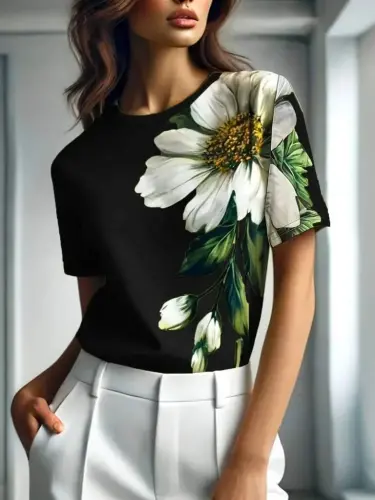 Women's Short Sleeve Crew Neck Floral Print Jersey Blouse - 3