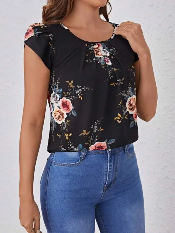 Women's Short Sleeve Crew Neck Floral Print Supima Blouse - BÜYÜKBEDENIZ