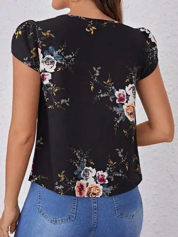 Women's Short Sleeve Crew Neck Floral Print Supima Blouse - 2