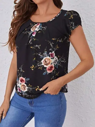 Women's Short Sleeve Crew Neck Floral Print Supima Blouse - 3